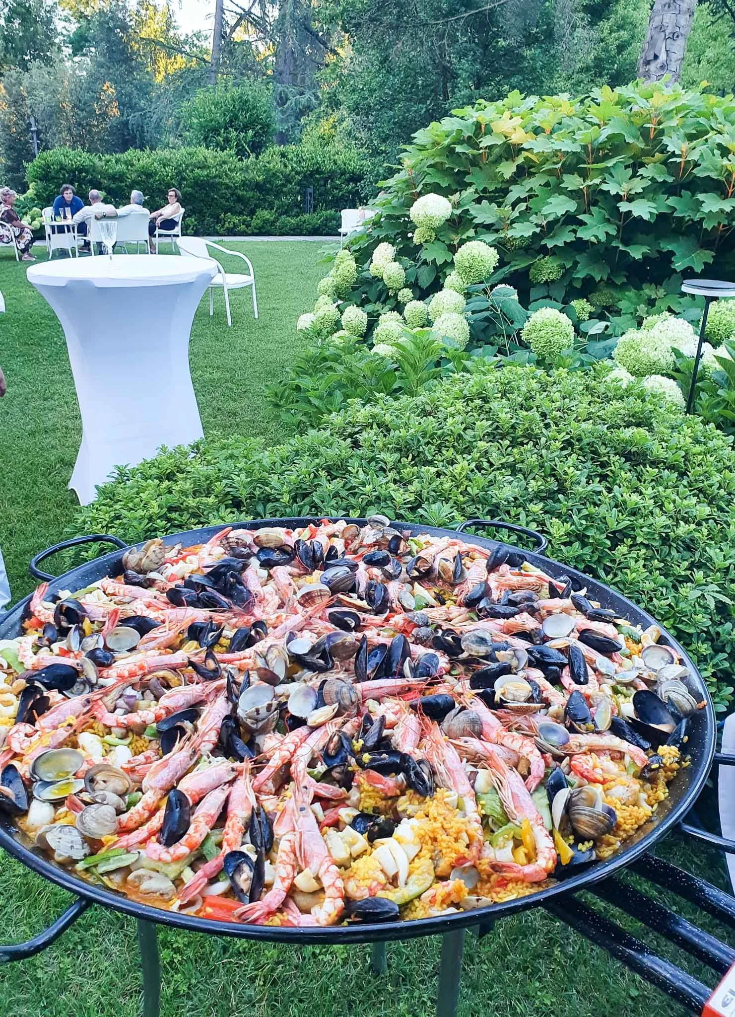 Una grande paella con frutti di mare, gamberi, cozze, e riso giallo, servita all'aperto su un prato verde, con persone che chiacchierano in background.