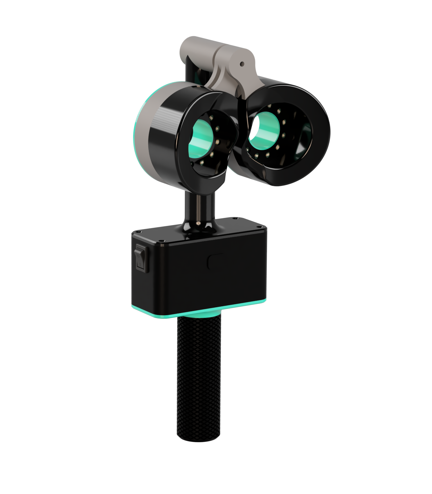 A pair of black 3D virtual reality goggles with green lenses, mounted on a black pole with a black box attached, possibly part of a virtual reality setup.