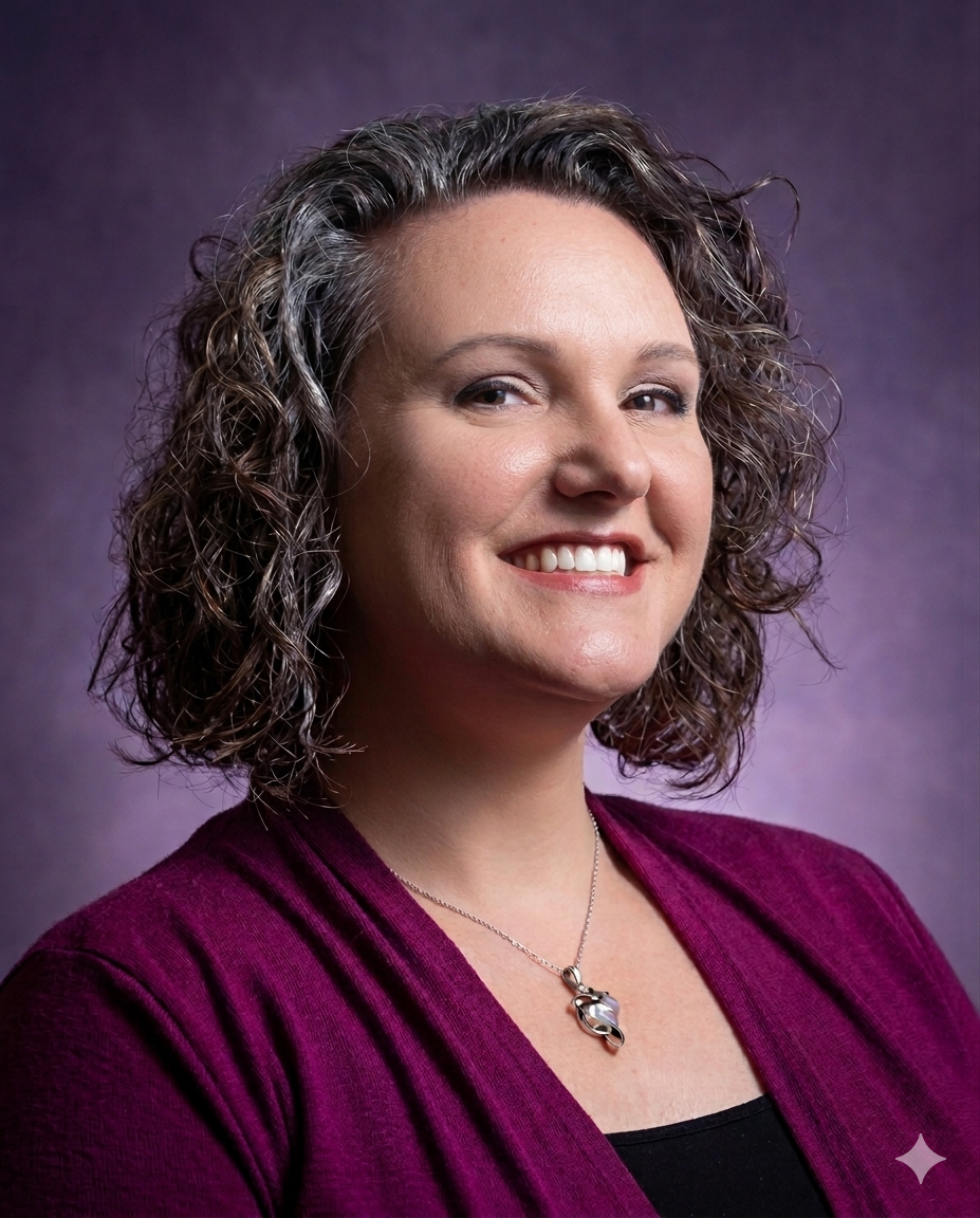 A woman with short curly hair wearing a purple cardigan and a silver necklace, smiling against a purple background.