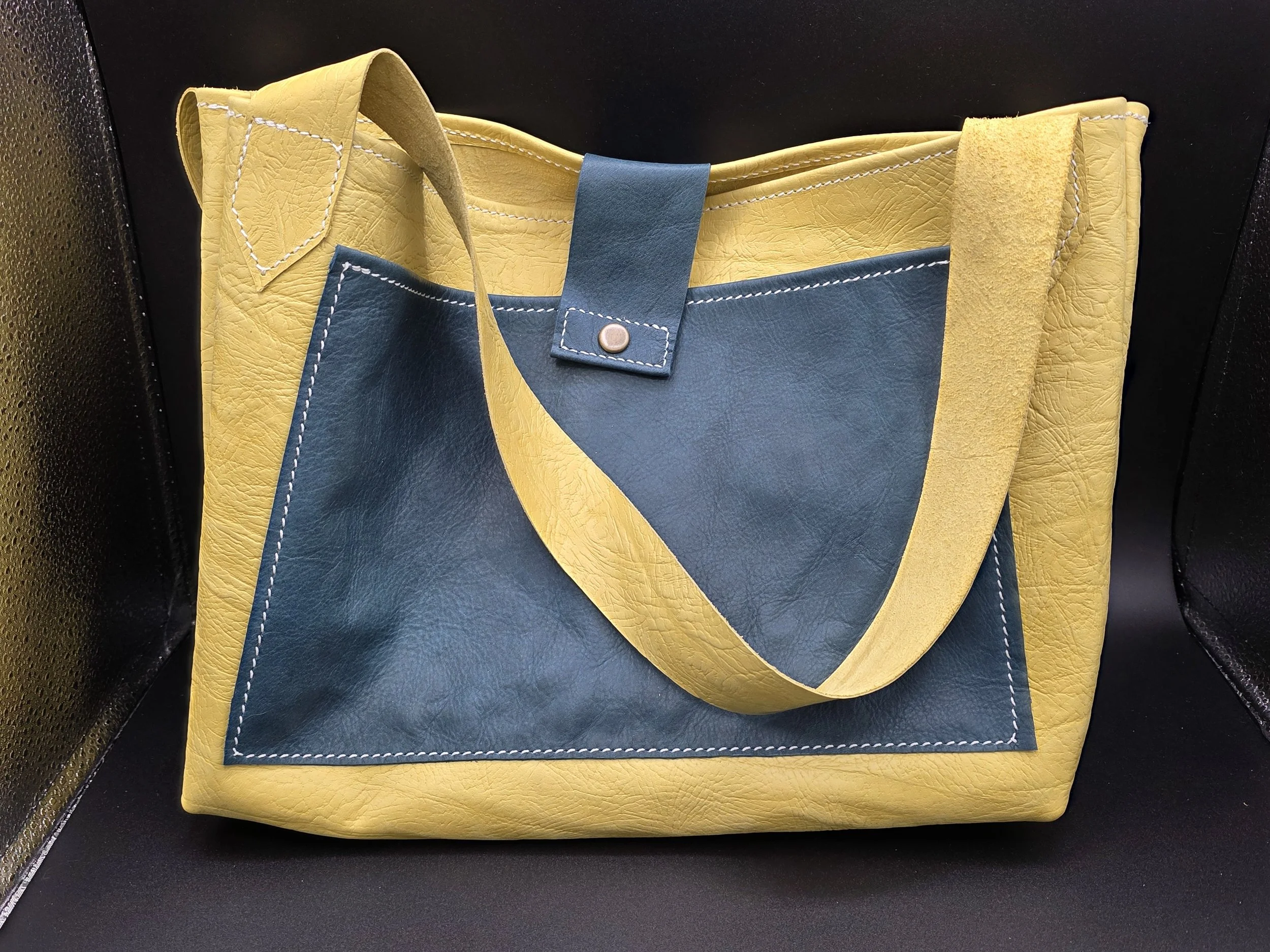 Textured Yellow Leather Tote with Teal Pocket