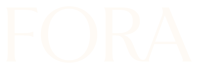 Close-up of the word 'FORA' in large white serif font on a black background.