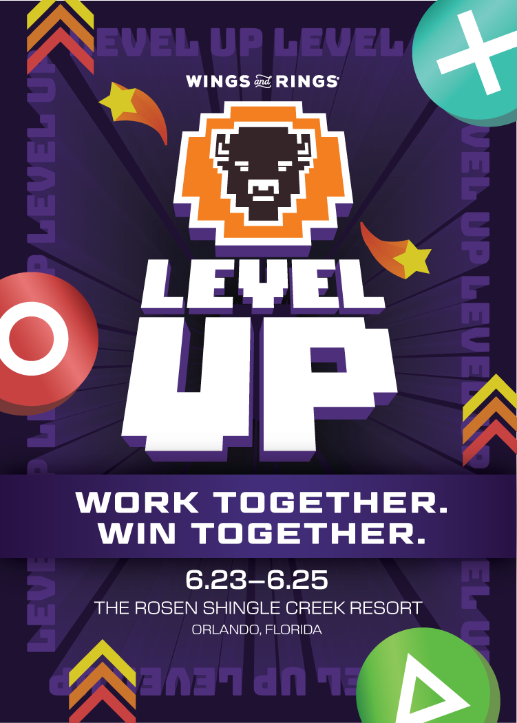Promotional poster for an event titled 'Level Up' by Wings and Rings, taking place June 23-25 at The Rosen Shingle Creek Resort in Orlando, Florida. Features pixel art of a lion's face, colorful stars, and geometric shapes.