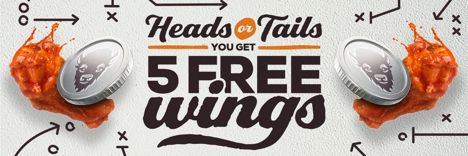 A graphic showing a game of coin toss with chicken wings and coins, advertising five free wings based on heads or tails.