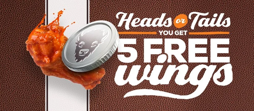 Promotional advertisement for Wings restaurant offering 5 free wings with a heads or tails game, featuring a piece of chicken wing dripping sauce and a coin with a lion's face.