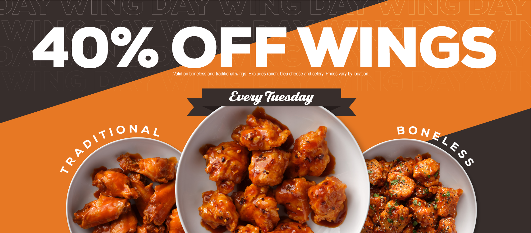 Promotion for 40% off wings every Tuesday, featuring three types of chicken wings in white bowls on a black and orange background.