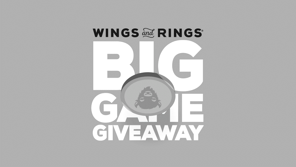Promotion for Wings and Rings Big Game Giveaway with text and a circular logo featuring a gorilla face.