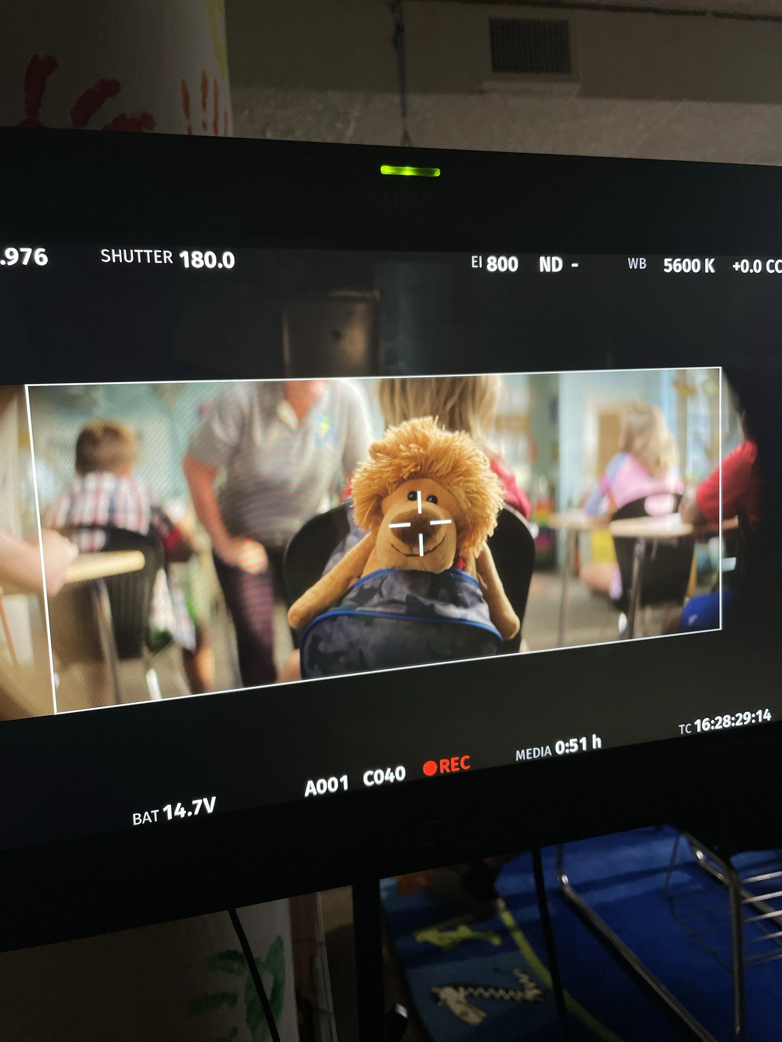 A stuffed lion toy in the foreground on a table, with children and adults in a classroom setting in the blurred background.