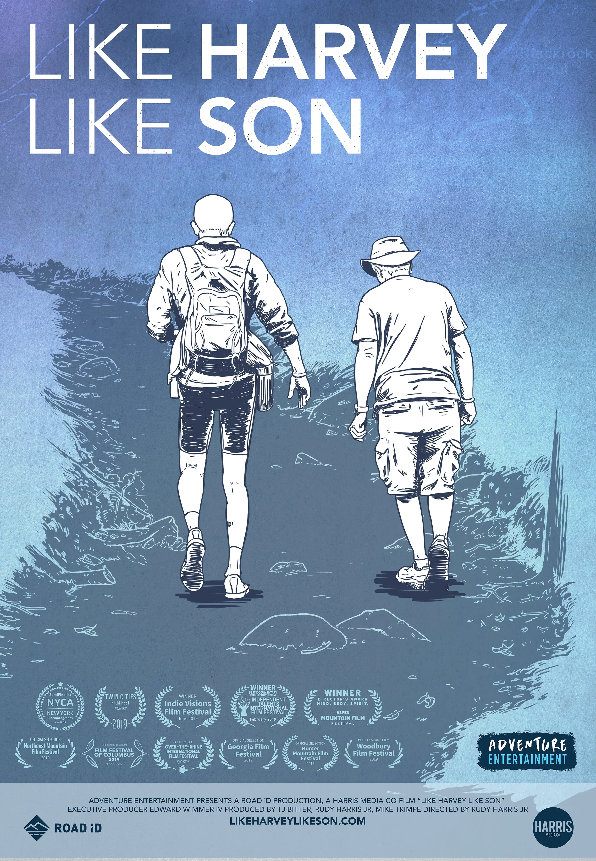 Illustration of two people walking on a trail, one with a backpack, with the text 'Like Harvey Like Son' at the top. There are film festival awards at the bottom and a website URL