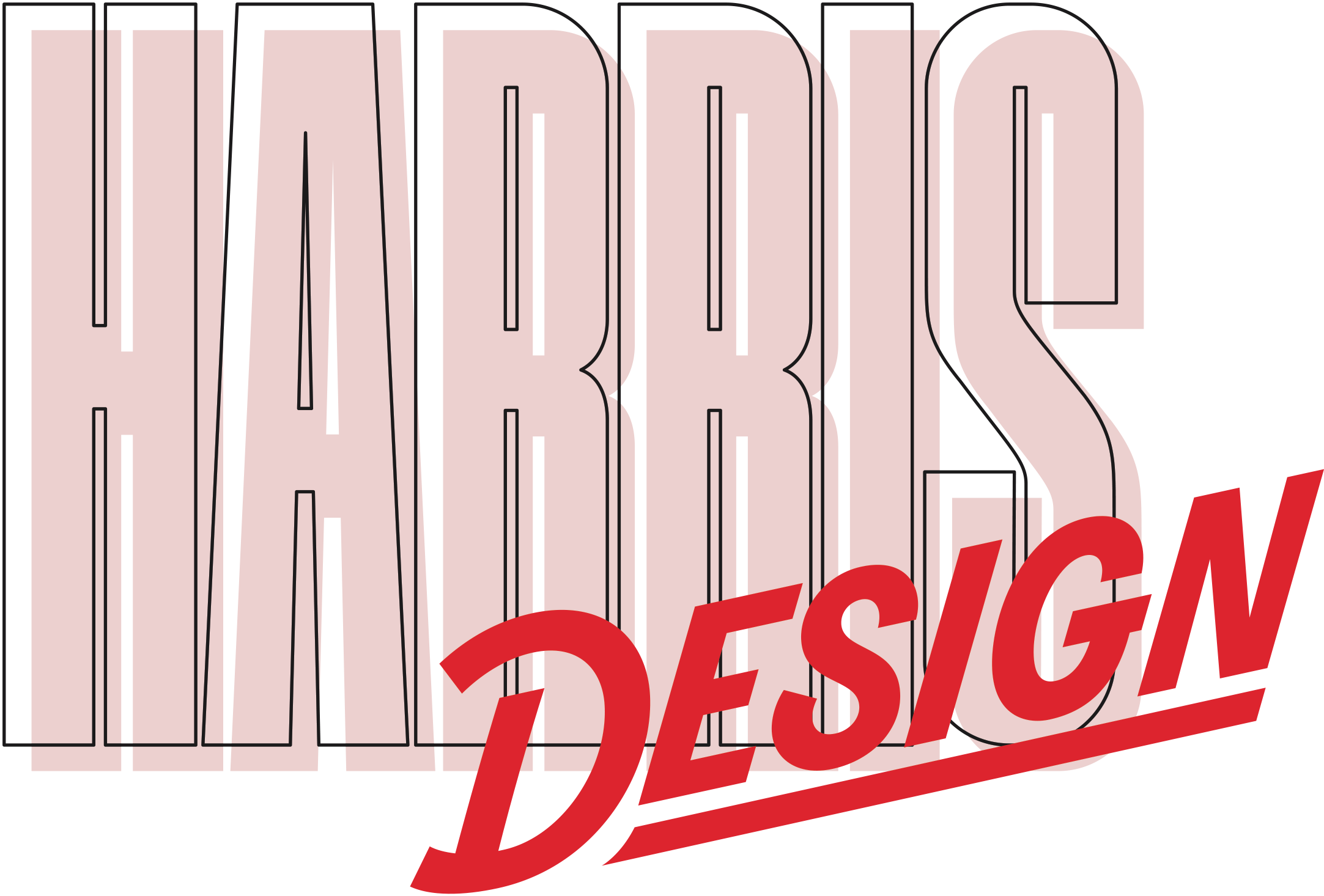 The image features the word 'HARD' in large, stylized pink outlined letters with the word 'DESIGN' in red, cursive text overlaying the bottom right of the image.