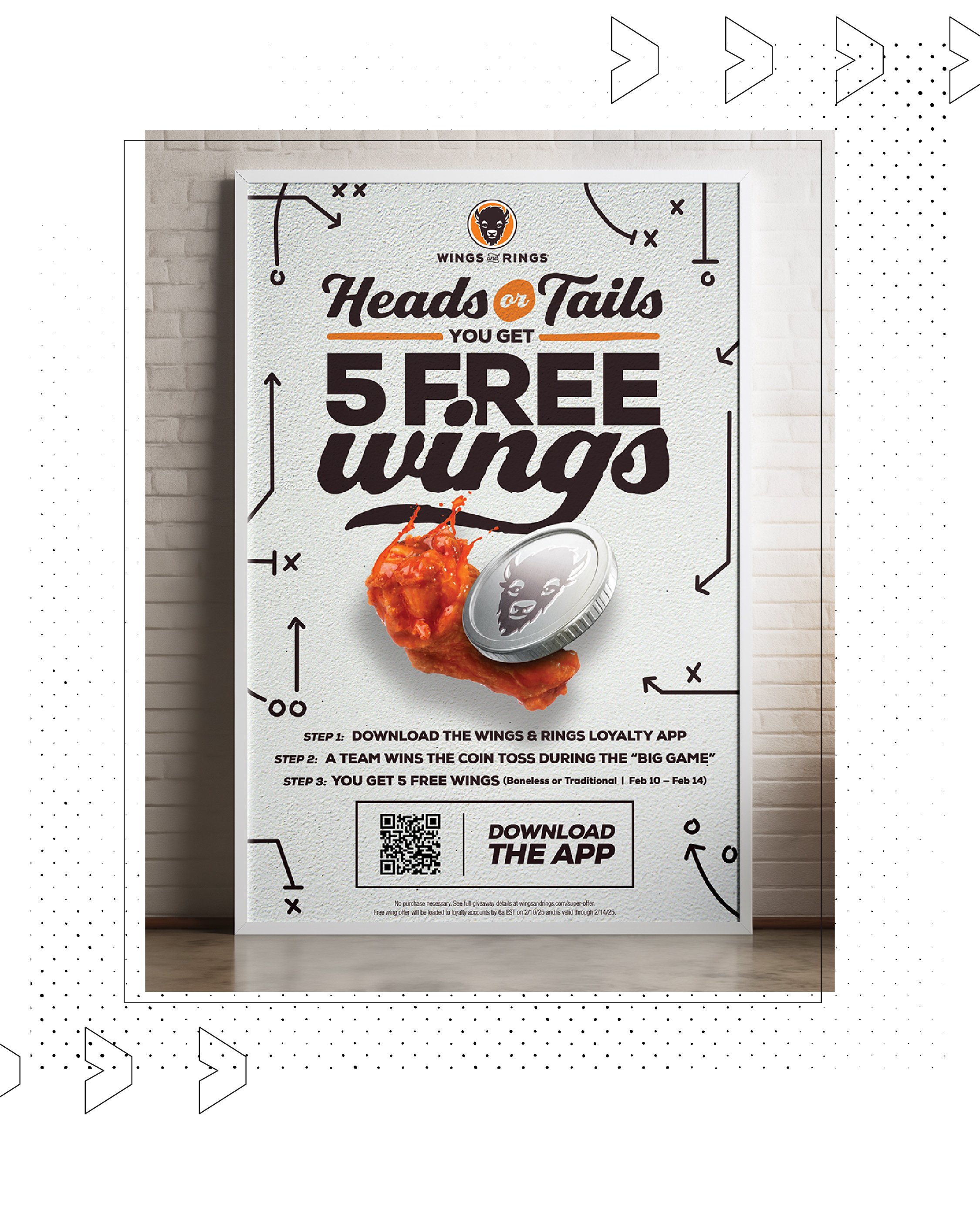 Poster advertising a promo where customers get five free chicken wings by downloading the Wings & Rings loyalty app and winning a coin toss during the Big Game, with QR code and instructions included.