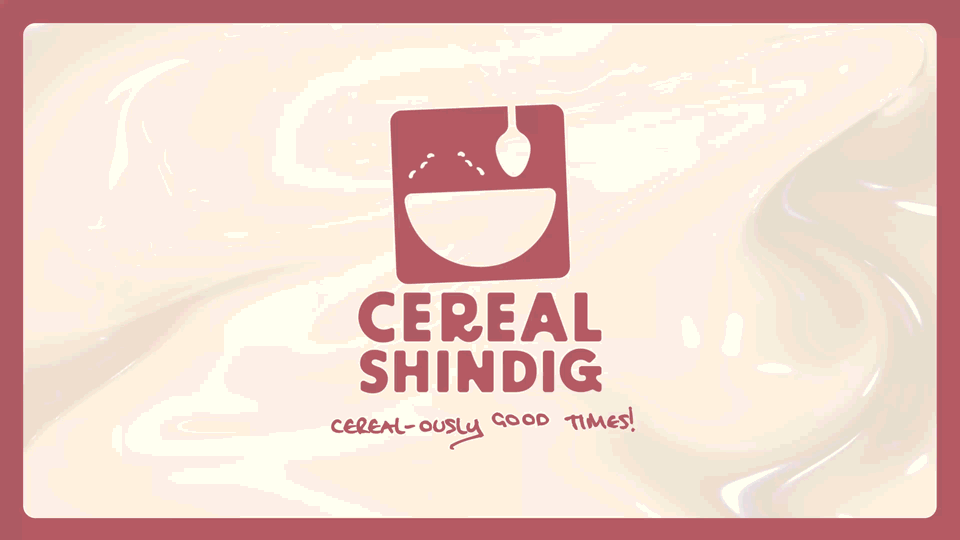 Logo for Cereal Shindig featuring a bowl and spoon with the tagline "Cereal-ously good times!" against a light, swirling background.