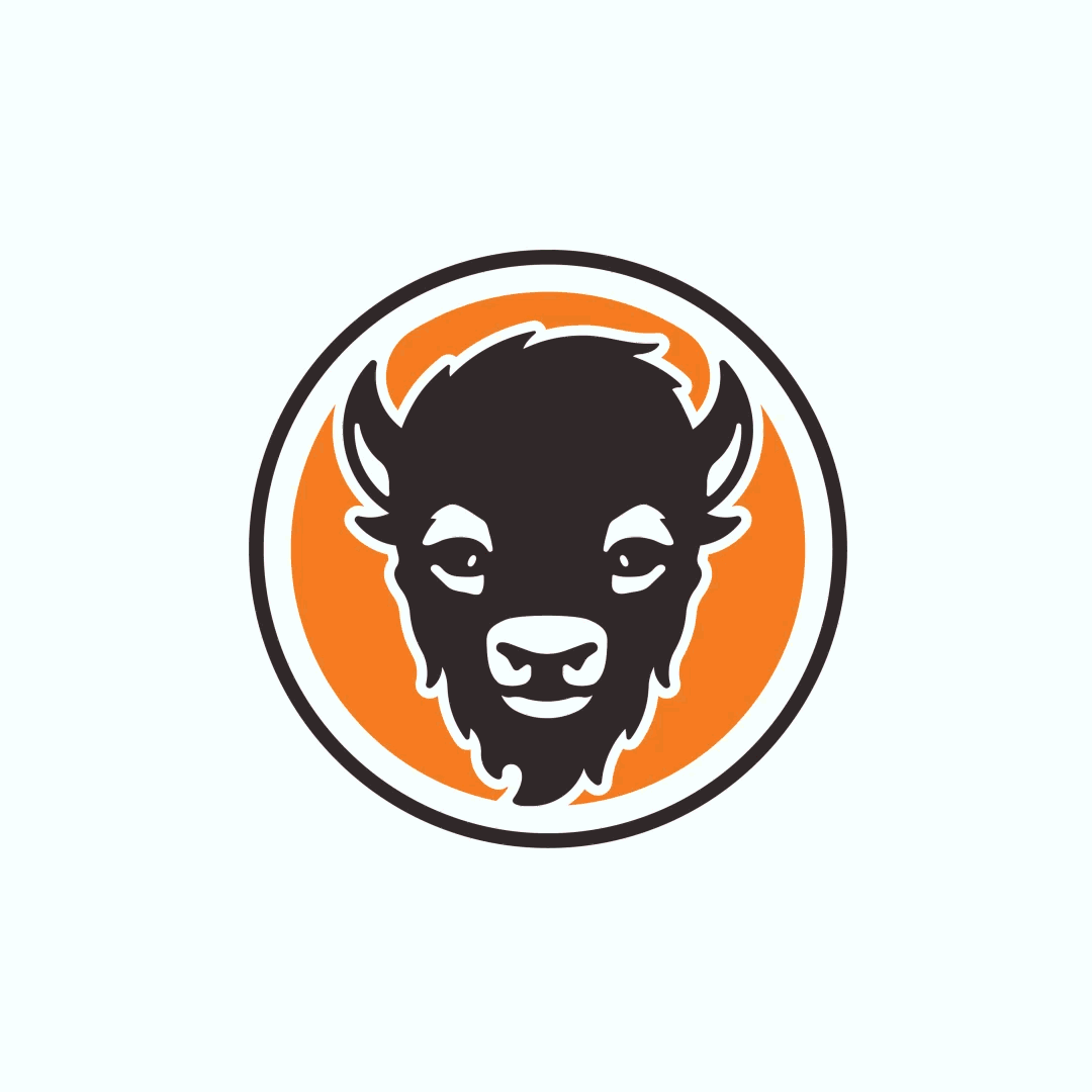 Stylized logo of a bison's head in black and white with an orange background.
