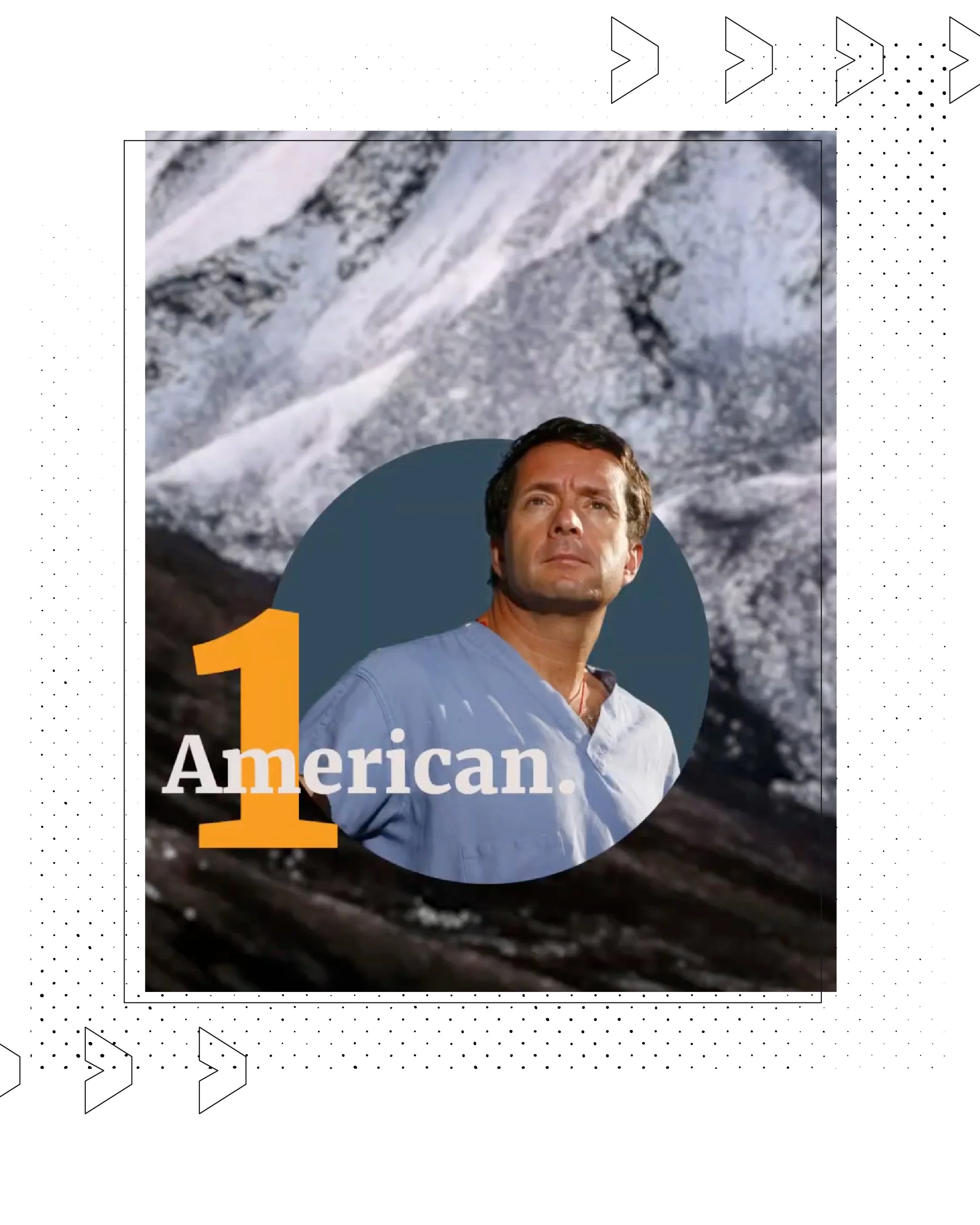 A promotional graphic featuring a man in a white shirt with a mountainous background, the text '1 American' overlaying the image, and decorative shapes and patterns surrounding the main content.