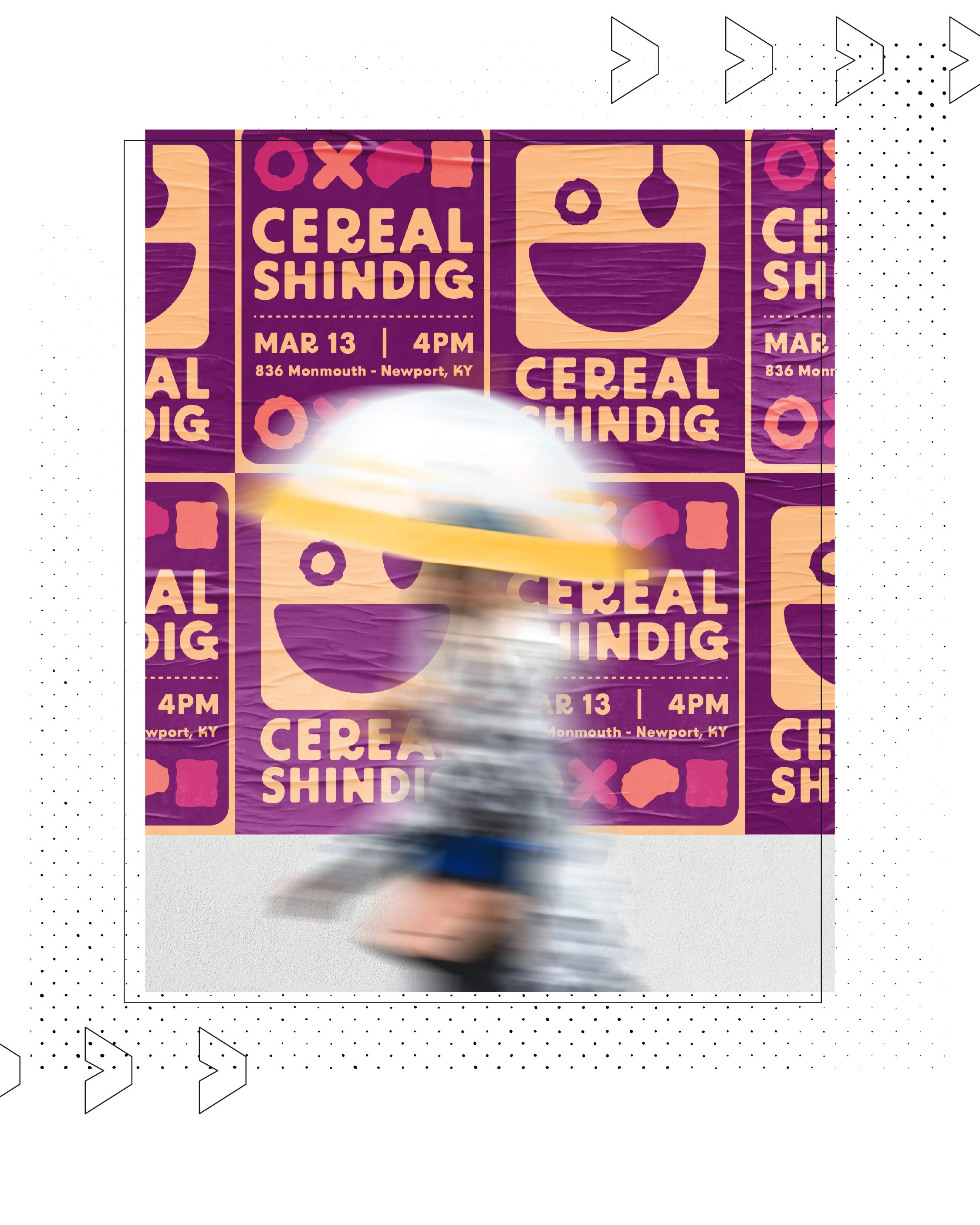 A blurred person walking in front of a colorful poster advertising an event called 'Cereal Shindig' on March 13 at 4 PM in Newport, Kentucky. The poster features graphic cereal bowl designs in purple and peach.