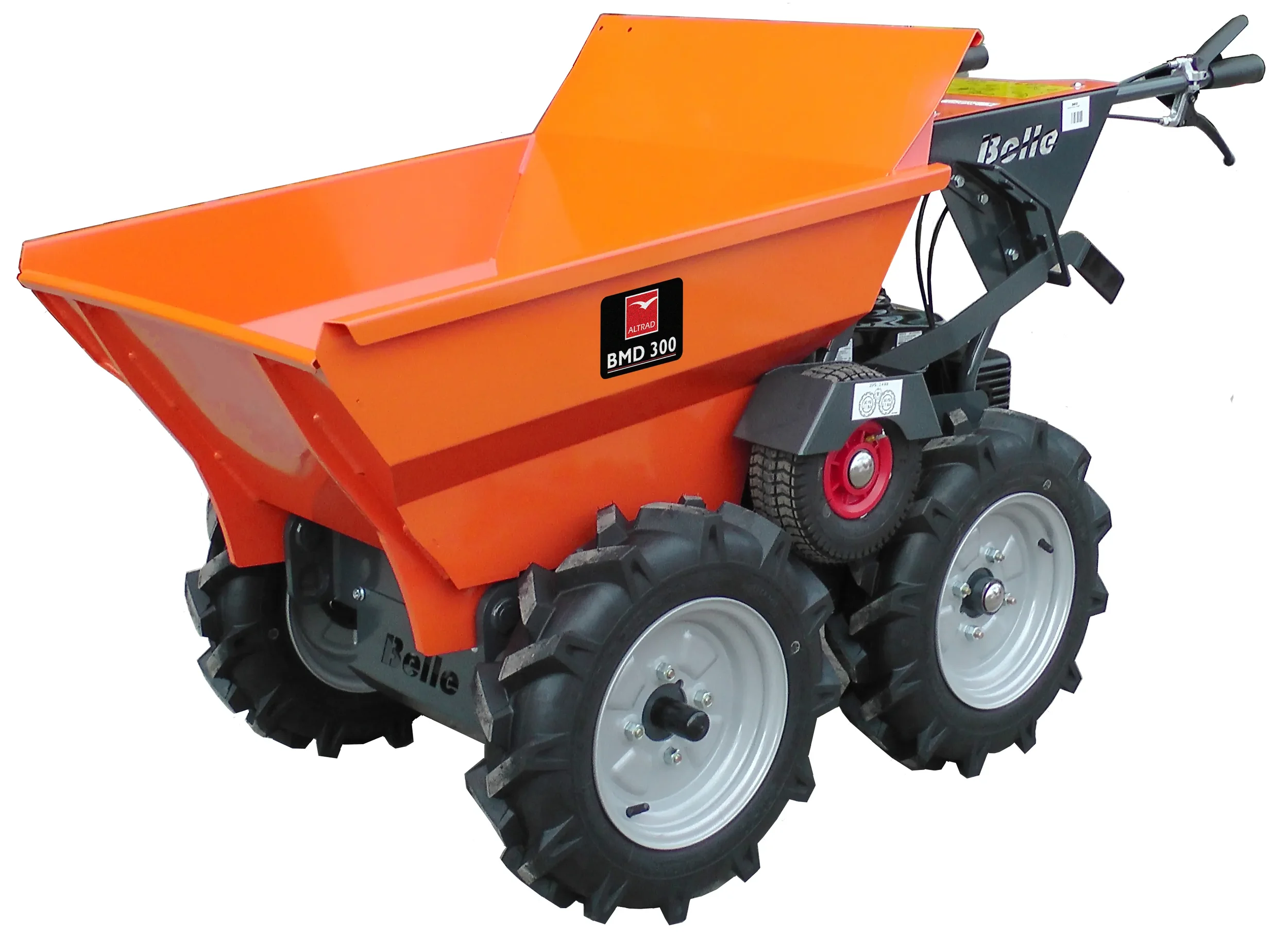 Orange-grauer Minidumper der Marke Altrad Belle auf vier geländegängigen Rädern zur Miete für den flexiblen Transport von Schüttgut und Erde.