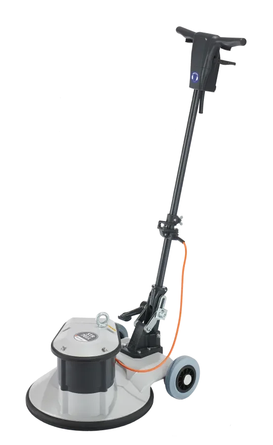 Grau-schwarze, elektrische Einscheiben-Bodenschleifmaschine der Marke Schwamborn mit verstellbarer Führungsstange, Handgriff mit Bedienelementen und Transporträdern zur Miete für die professionelle Untergrundvorbereitung.