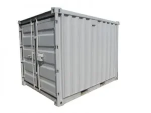 Weißer Magazincontainer aus Metall mit robuster Doppeltür zur Miete für die sichere Materiallagerung auf Baustellen.