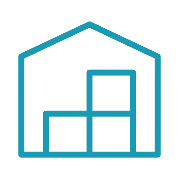 Lagerhallen-Icon mit gestapelten Kartons, steht für eigenes Lager und schnelle Verfügbarkeit.