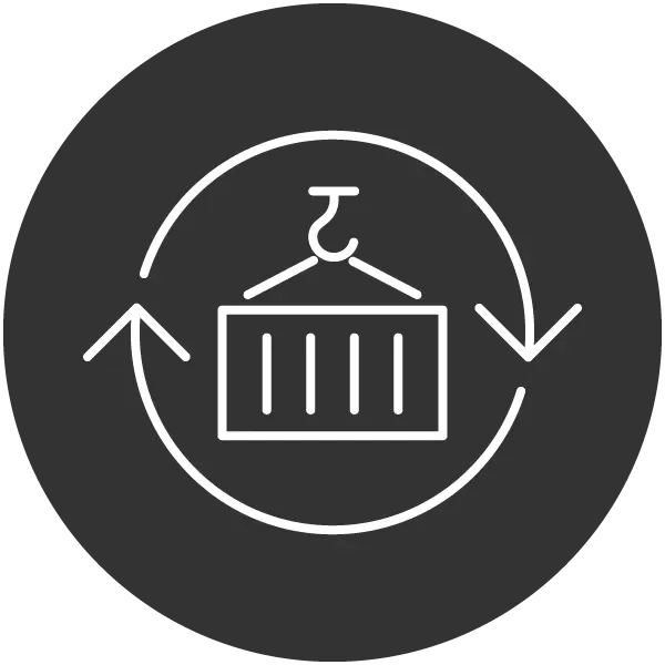 Icon mit Kranhaken und Rundpfeilen, steht für Maschinenvermietung und flexible Mietlösungen.