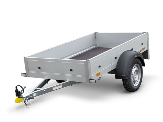 Einachsiger Kastenanhänger aus Metall mit offener Ladefläche, Deichsel und Stützrad.
