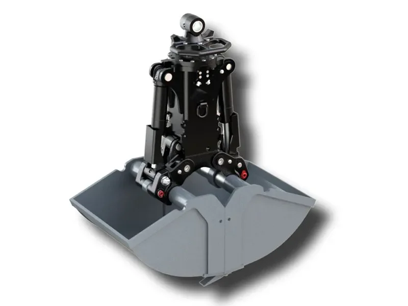 Schwarz-grauer hydraulischer Zweischalengreifer als Bagger-Anbaugerät für Erdarbeiten und Materialumschlag zur Miete.