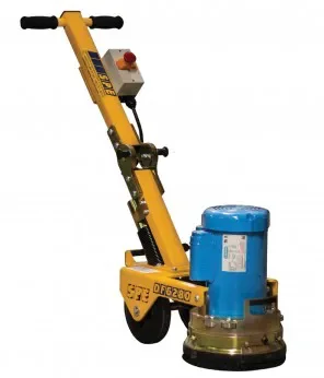 Leistungsstarke, gelb-blaue elektrische Betonschleifmaschine (Bodenschleifer) der Marke SPE (Modell DFG280) mit verstellbarem Führungsgriff, Schalterbox und Transporträdern zur Miete für die effektive Untergrundvorbereitung.