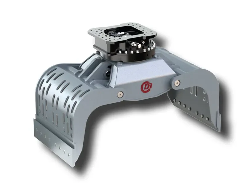 Grauer hydraulischer Abbruch- und Sortiergreifer als Bagger-Anbaugerät für schwere Abbruch- und Recyclingarbeiten zur Miete.