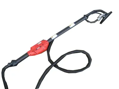 Elektrischer Langhalsschleifer (Trockenbauschleifer) mit rotem Motorgehäuse, langem Führungsrohr, flexiblem Schleifkopf und angeschlossenem Absaugschlauch zur Miete für das ergonomische.