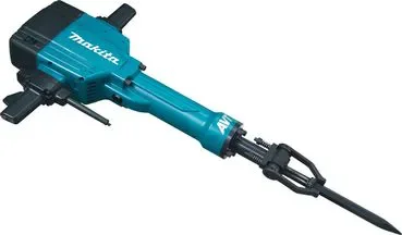 Türkis-schwarzer elektrischer Abbruchhammer der Marke Makita mit Spitzmeißel zur Miete für schwere Stemm- und Aufbrucharbeiten.