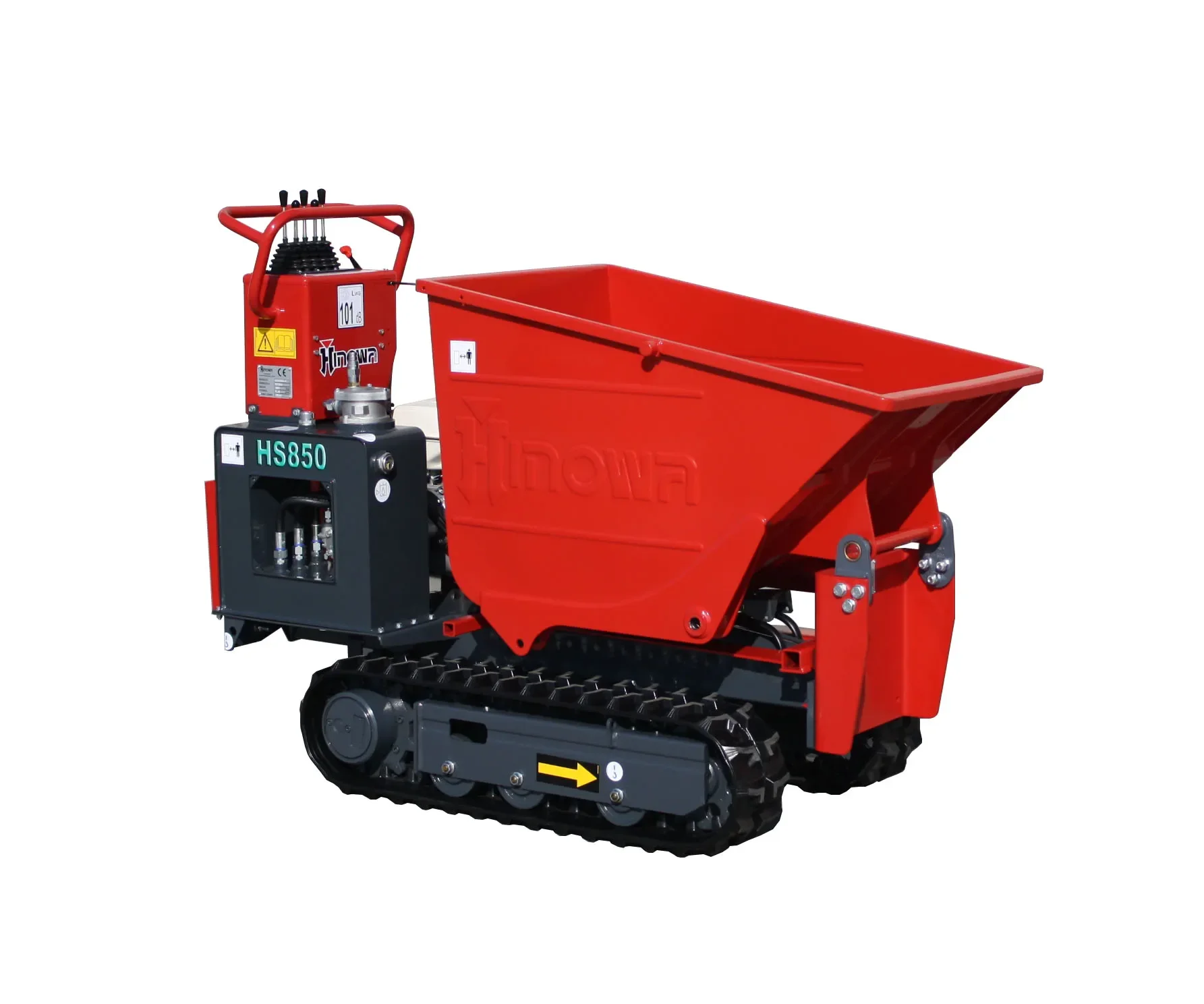 Kompakter rot-schwarzer Kettendumper der Marke Hinowa (Modell HS850) mit Frontkippmulde zur Miete für den flexiblen und bodenschonenden Transport von Erde, Schüttgut und Bauschutt auf beengten Baustellen oder in unwegsamem Gelände.