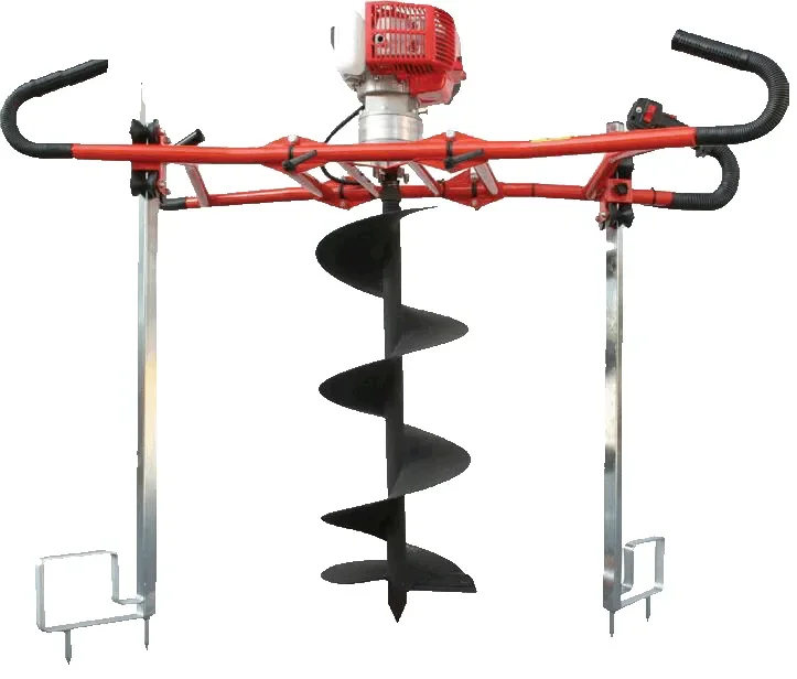 Rotes benzinbetriebenes Erdbohrgerät (Zweimannausführung) mit Stützrahmen und schwarzer Bohrschnecke zur Miete für das effiziente Bohren von Erdlöchern für Zäune oder Pflanzen.