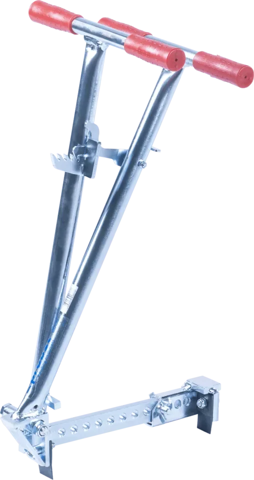 Verzinkter manueller Steinzieher mit roten Handgriffen und verstellbarer Greifweite zur Miete für das einfache und beschädigungsfreie Herausziehen einzelner Pflastersteine aus dem Verbund.