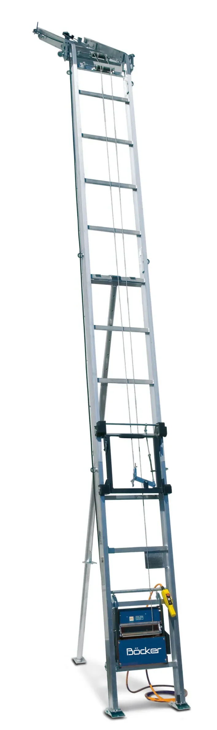 Elektrischer Schrägaufzug (Toplift) der Marke Böcker mit Aluminium-Leiternteil und blauer Antriebseinheit zur Miete für den effizienten und sicheren Transport von Baumaterialien auf Dächer oder in obere Stockwerke.