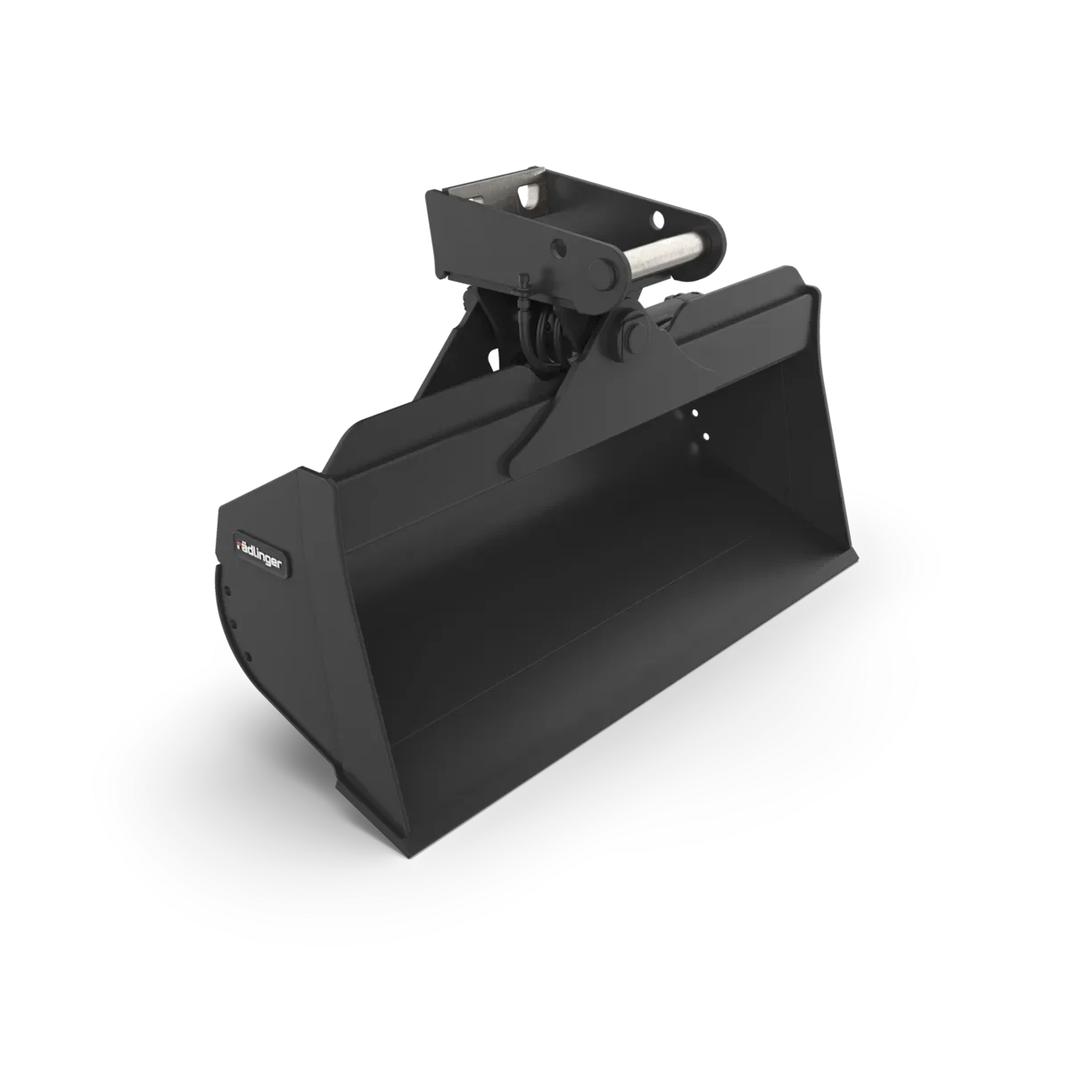 Schwarzer hydraulischer Grabenräumlöffel der Marke Rädlinger als Bagger-Anbaugerät für Planierarbeiten zur Miete.