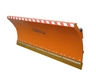 Breites, oranges Schneeschild mit rot-weißer Warnmarkierung an der Oberkante und robuster Schürfleiste zur Miete als Anbaugerät für Radlader für den zuverlässigen Winterdienst.
