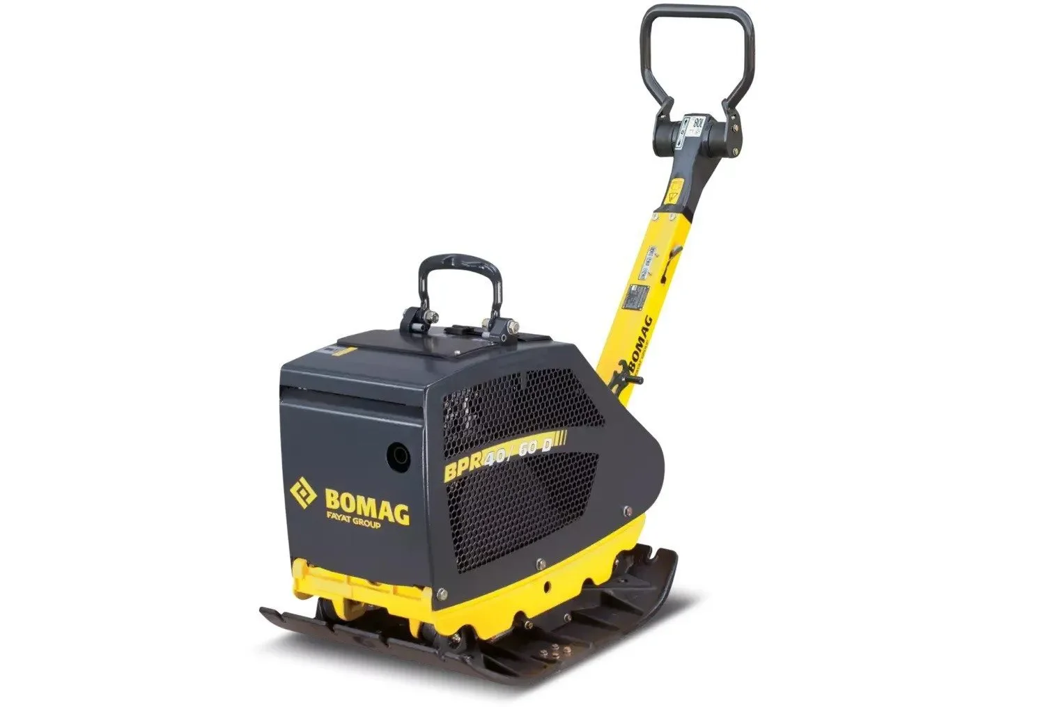 Leistungsstarke, reversierbare Rüttelplatte (Vibrationsplatte) der Marke BOMAG (Modell BPR 40/60 D) in markantem Gelb und Dunkelgrau mit robuster Vollschutzhaube für den Motor, zentraler Hebeöse und ergonomischer Führungsdeichsel
