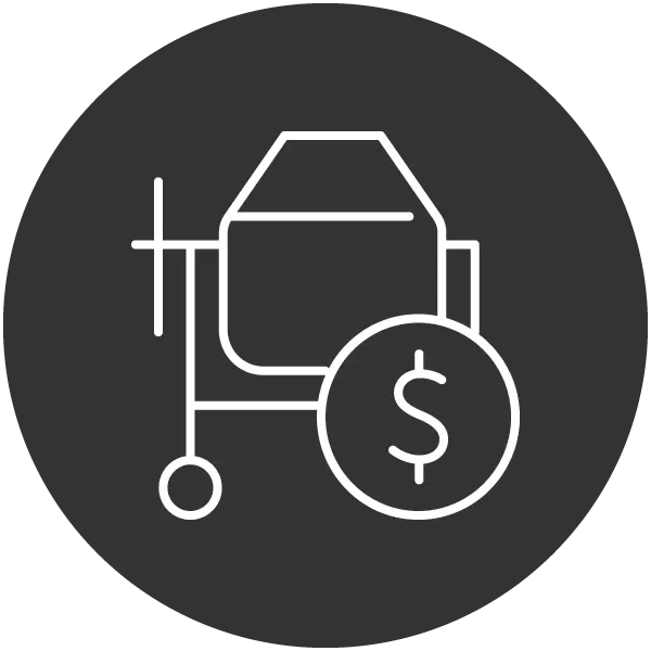 Icon einer Baumaschine mit Dollar-Symbol, steht für Maschinenverkauf und attraktive Angebote.