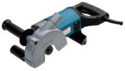 Leistungsstarke, elektrische Mauernutfräse (Schlitzfräse) der Marke Makita mit markentypischem türkisem Motorgehäuse, robuster silberner Schutzhaube, ergonomischen Haltegriffen und integriertem Anschluss.