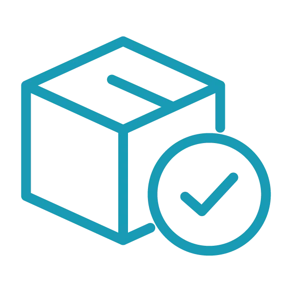 Verpackungssymbol mit Häkchen, steht für verfügbare Baumaschinen im Lagerbestand.