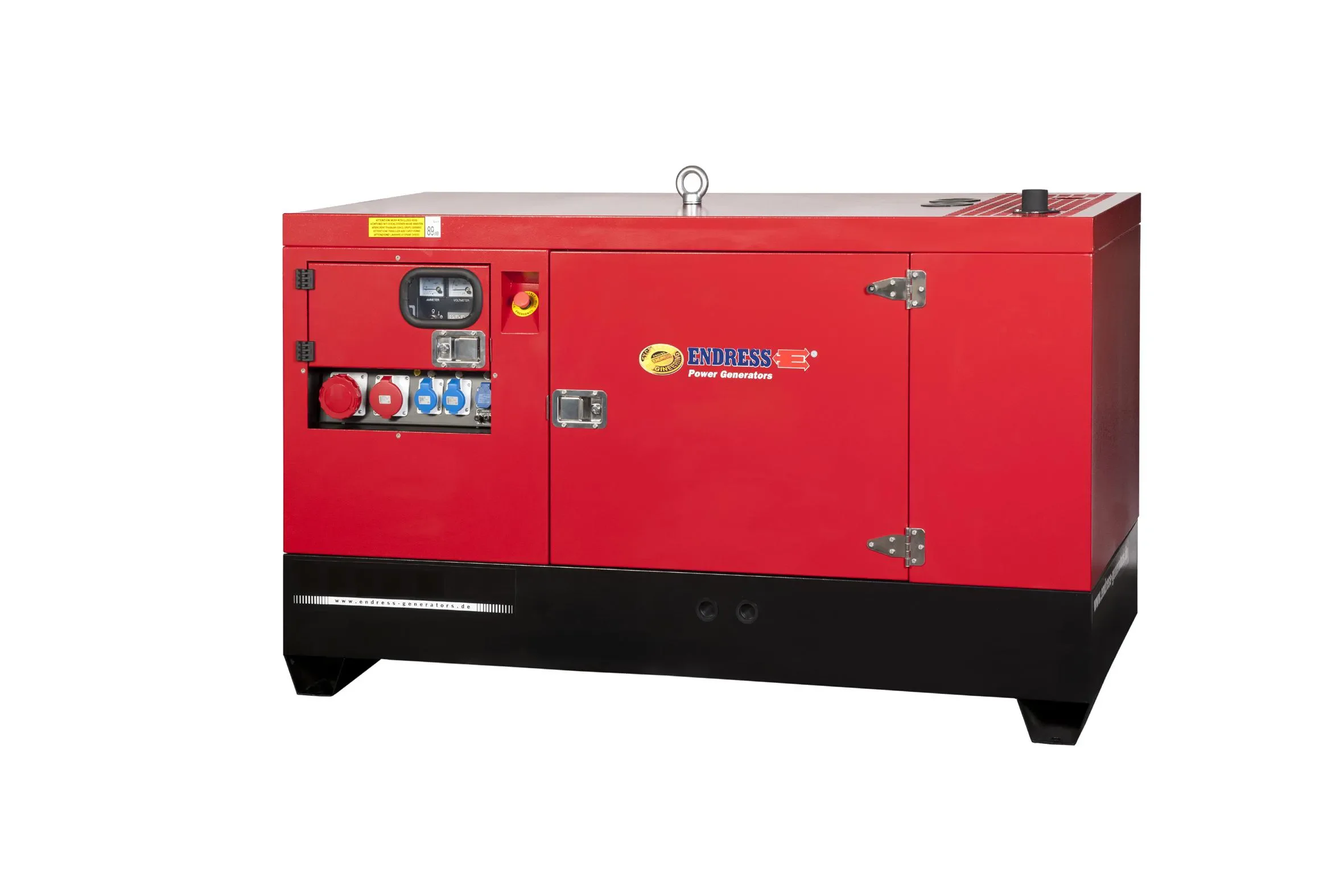 Großer rot-schwarzer Diesel-Stromerzeuger der Marke Endress (Modell ESE 67) als Stationärgerät mit Anschlussfeld zur Miete für die zuverlässige und leistungsstarke Stromversorgung auf Baustellen oder bei Events.