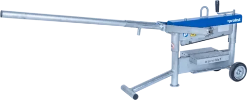 Manueller, verzinkter Steinknacker (Pflasterknacker/Steintrenner) der Marke Probst mit blauen Akzenten, langem Hebelarm zur optimalen Kraftübertragung, stufenloser Höhenverstellung per Kurbel und praktischen Transporträdern