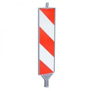 Kunststoffbakenblatt mit rot-weißer Schrägstreifenmarkierung und Steckzapfen.