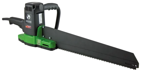 Elektrische Doppelblattsäge (Porenbetonsäge/Dämmstoffsäge) der Marke Eibenstock mit robustem schwarz-grünem Gehäuse, ergonomischem Haltegriff und langem, gegenläufigem Sägeschwert