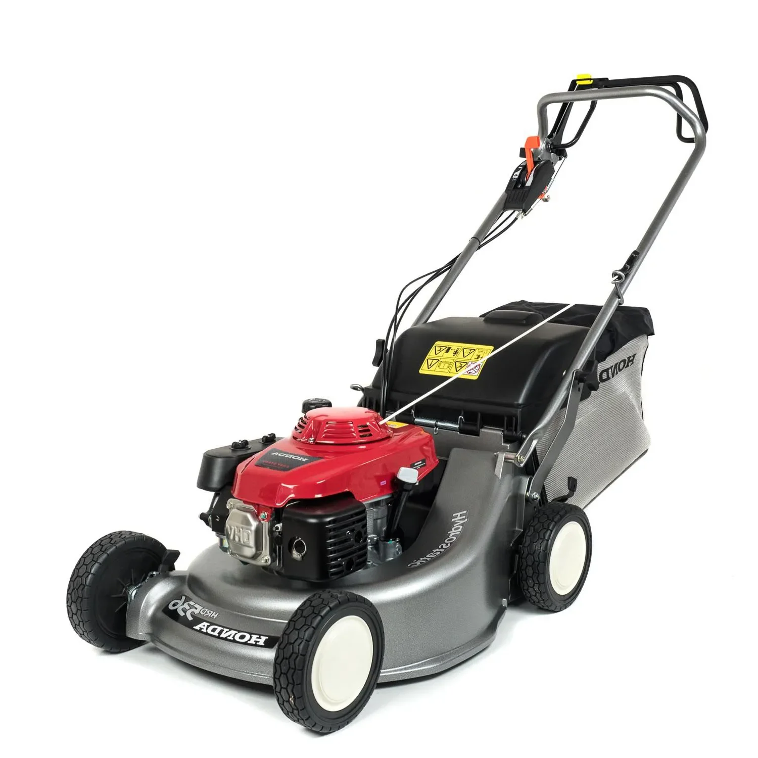 Grauer benzinbetriebener Motorrasenmäher der Marke Honda mit rotem Motor und Grasfangkorb zur Miete für die zuverlässige und professionelle Rasenpflege.