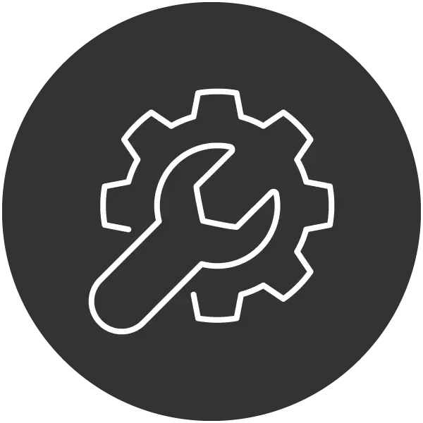 Icon mit Schraubenschlüssel und Zahnrad, steht für Reparatur, Wartung und Service von Baumaschinen.