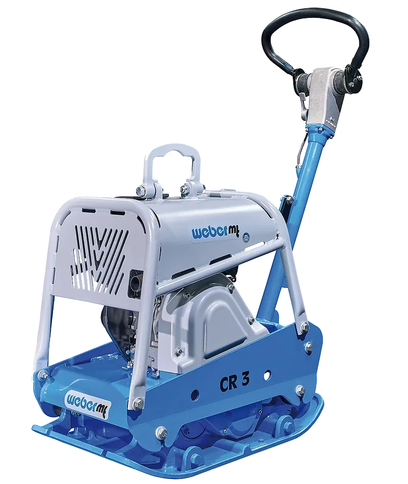 rbare Rüttelplatte (Vibrationsplatte) der Marke Weber mt (Modell CR 3) in Blau und Silber mit vollflächiger Motorabdeckung, robustem Schutzrahmen, zentraler Hebeöse und ergonomischem, stufenlos verstellbarem Führungsbügel.