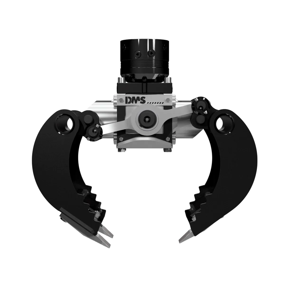 Schwarz-silberner hydraulischer Sortiergreifer der Marke DMS mit gezahnten Schalen als Bagger-Anbaugerät zur Miete.