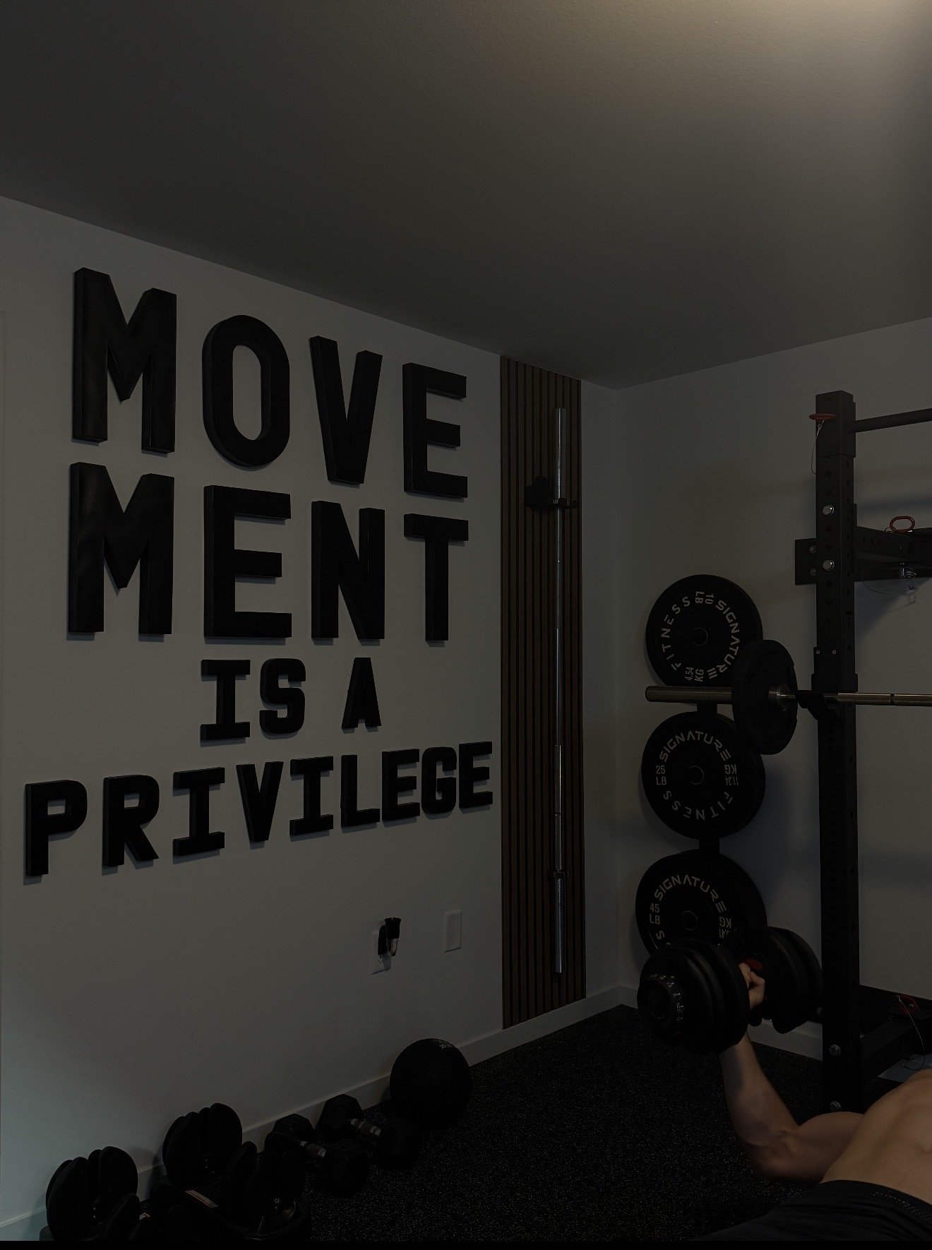 Gym workout room with a motivational sign that reads 'Movement is a Privilege,' a person lifting weights, and various gym equipment including dumbbells and weight plates.