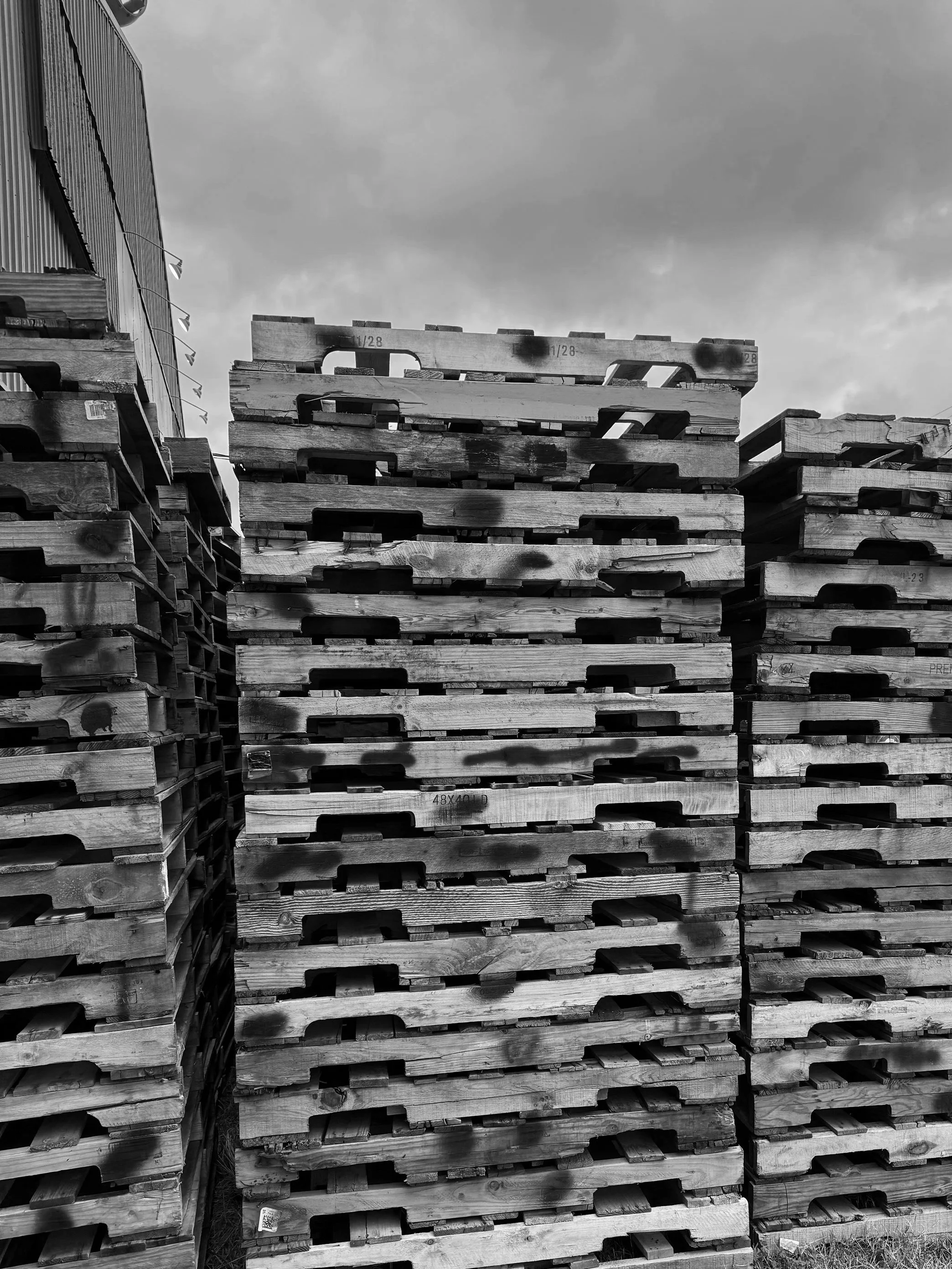 Stacks of wooden pallets outdoors, with cloudy sky overhead.
