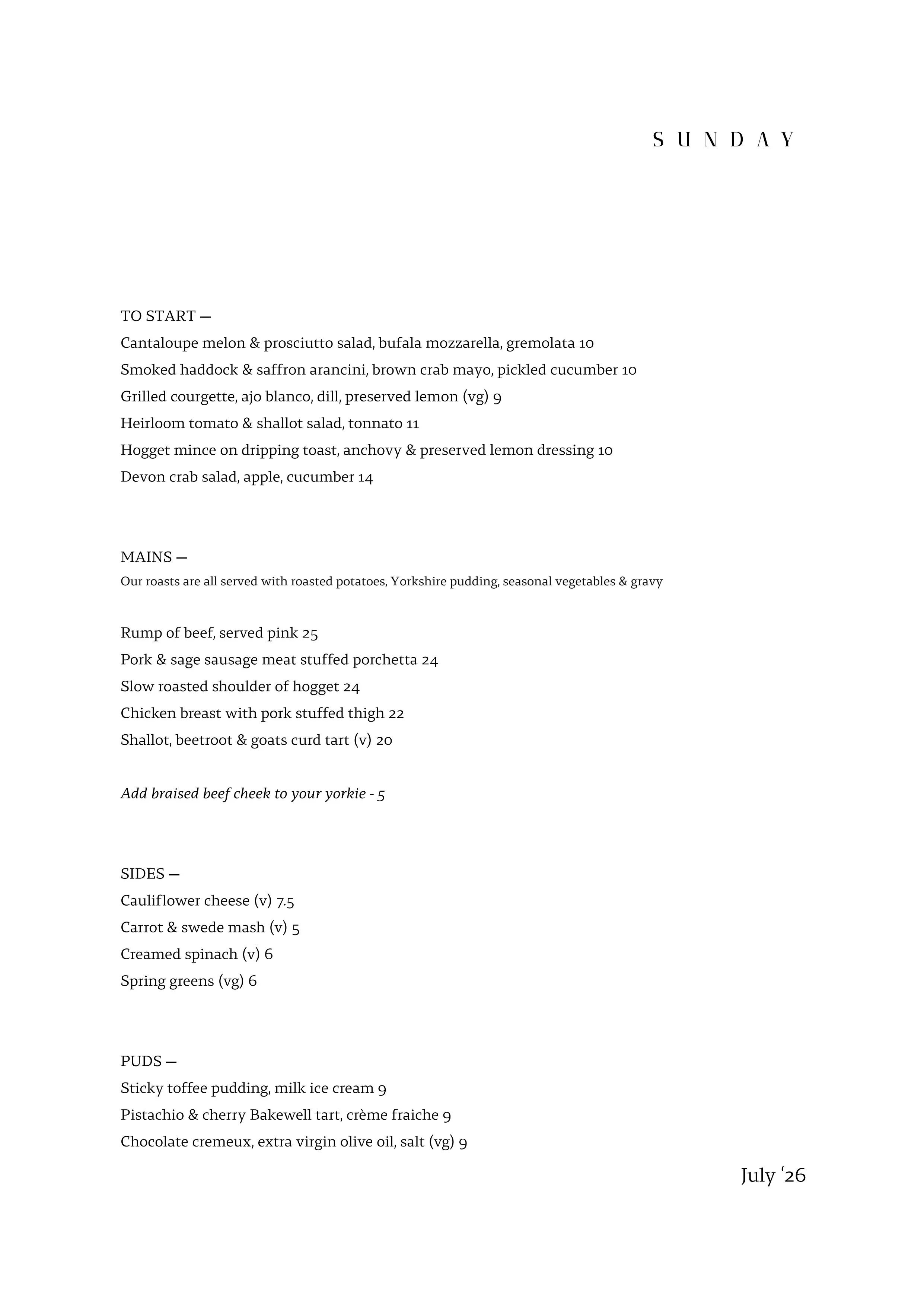 Sunday lunch menu in Manchester Northern Quarter